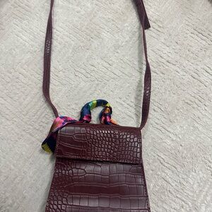 Burgundy Croc-Embossed Crossbody Bag with Multicolor Scarf Accent